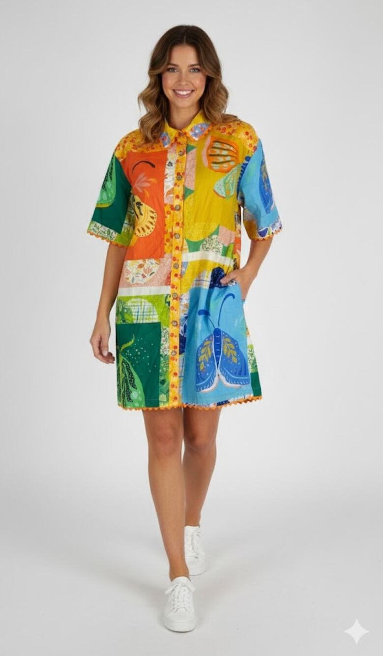 Uncle Frank Butterfly Block Mini Shirt Dress Button Front Womens Size Medium New